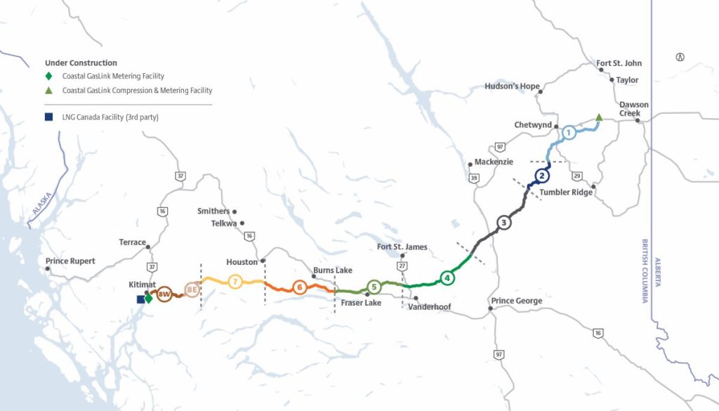 diagram pipeline route map of the Coastal GasLink in British Columbia, Canada.